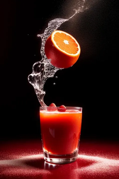 (Cinematic Photo:1.3) of (Realistic:1.3) a studio shot of a (exploding:0.2) (Fruit in low gravity:1.1) (Splashing:0.9) a glass of water with strawberries, oranges and blueberries in it, splash image, full-color, on a canva, splashes of liquid, drinks, a fruit basket, strong red hue, hgh, evokes delight, water swirling, by Fred Marcellino, top selection on unsplash, professional food photography, art photography. black background