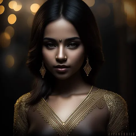 HyperSmoke, award winning portrait photo of an young gold woman, bokeh, backlit, (brown color in detail:1.1), elegant atmosphere, realistic, intricate details, true skin tone <lora:GoldyBlack_v1.0:1>