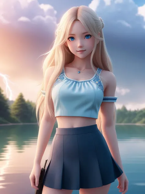 a very beautiful anime cute girl, full body, long wavy blond hair, sky blue eyes, full round face, short smile, fancy top, miniskirt, front view, summer lake setting, cinematic lightning, medium shot, mid-shot, highly detailed, cinematic wallpaper by Stanley Artgerm Lau