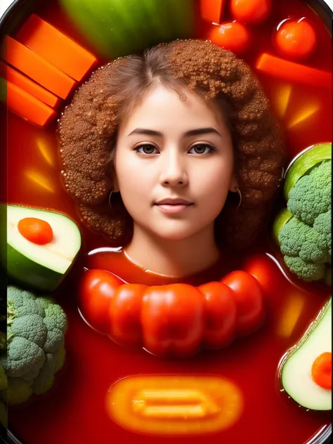 ((woman full body inside vegetable soup)),(intricately detailed, realistic and detailed, hyperdetailed) Photo for a food magazine. An award-winning photograph. Promotional photo. Sony Alfa 7 uhd technology, nice looking, natural skin texture, healthy skin