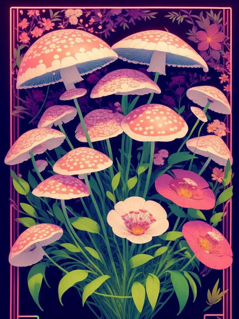 paper craft style mushrooms and flowers ernst haeckel maria sibylla merian. tristan eaton, victo ngai, artgerm, rhads, ross draws, Kaethe Butcher, Hajime Sorayama, Greg Tocchini, Virgil Finlay, sci-fi, colors, neon lights. digital painting, pixiv, by Ilya Kuvshinov