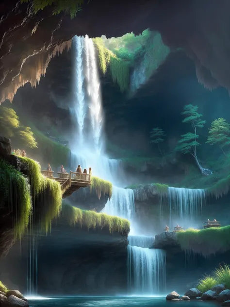 dream concept art of a dreamy waterfall waterfall cave with a river running through it, highly detailed, digital art, illustration, artstation, very detailed, 4 k