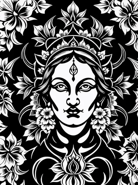 Fear form of Mother Kali with classical floral elements emanating from center of face, woodcutting template, decorative design, classical ornament, motif, bilateral symmetry, roses, leaves, flowers, buds, flowering buds, feathers, negative space, highly detailed etching