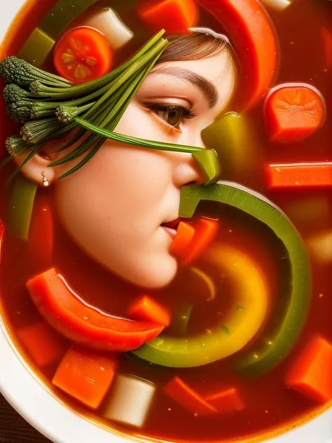 ((woman full body inside vegetable soup)),(intricately detailed, realistic and detailed, hyperdetailed) Photo for a food magazine. An award-winning photograph. Promotional photo. Sony Alfa 7 uhd technology, nice looking, natural skin texture, healthy skin