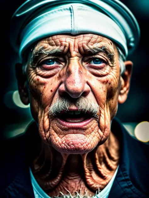 award winning upper body portrait photo of an old screaming sailor, eyes looking upwards, (bokeh:0.7), sidelit, (wrinkled face in detail:0.7), telephoto, moonlit, torchlit, gritty atmosphere, oceanic night exterior, realistic, intricate details, true aged skin texture <lora:epi_noiseoffset2:1.2>