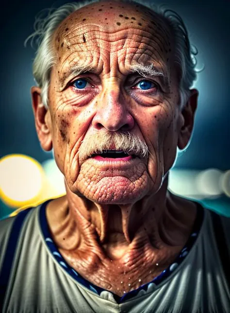 award winning upper body portrait photo of an old screaming sailor, eyes looking upwards, (bokeh:0.7), sidelit, (wrinkled face in detail:0.7), telephoto, moonlit, torchlit, gritty atmosphere, oceanic night exterior, realistic, intricate details, true aged skin texture <lora:epi_noiseoffset2:0.6>