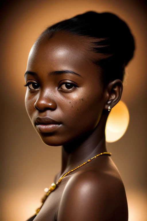 award winning portrait photo of an young ugandan woman, bokeh, backlit, (brown color in detail:1.1), telephoto, elegant atmosphere, realistic, intricate details, true skin tone