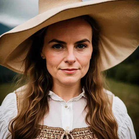 closeup portrait of a austrian woman in Biome reserves, Flash-forward lighting, Vintage atmosphere, round face