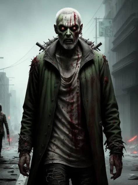 a zombie , male , green skin , blood and wounds , torn clothes and flesh , walking in a street , horror , art by George A. Romero and Kim Jung Gi concept art apocalyptic background terrifying charm hyperdetailed painting 8k post production high resolution hyperdetailed trending on artstation hard focus studio photo intricate details highly detailed by jordangrimmer