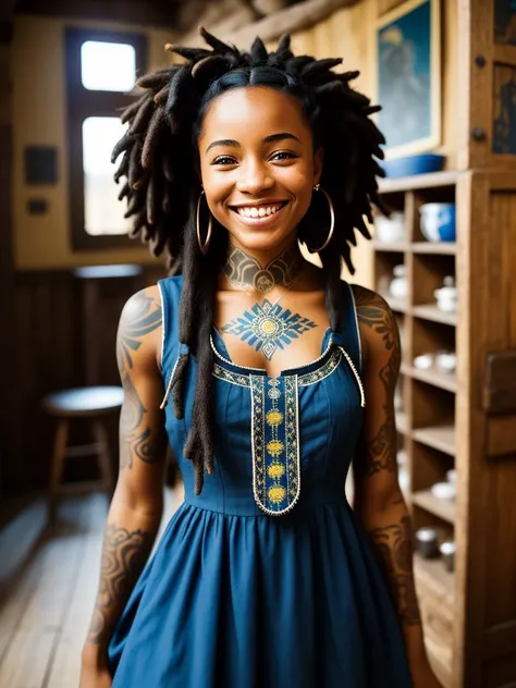 a portrait photo of a black girl, smiling, tattoo, blue dreads, (folk dress:1.3), Ukrainian short dress, pronounced feminine feature, insane details, intricate details, hyperdetailed, complex background, medieval tavern, indoors