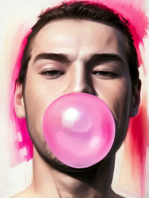 closeup, A digital painting of LH man, abstract, white background, unfinished, shapes, cool, style of Henry Asencio, smiling blowing bubble gum, pink bubble gum <lora:Bubble Gum:1>