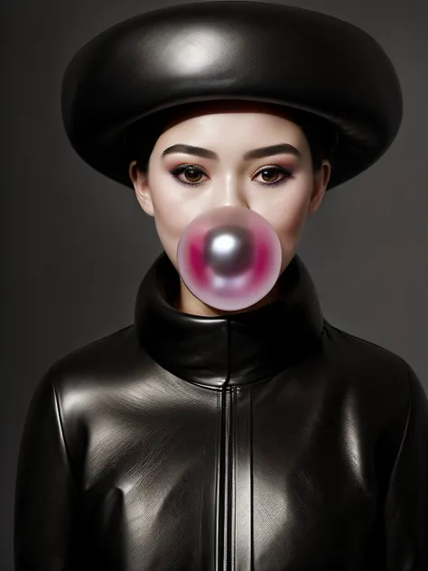 A radiant photography with a remarkably intricate vivid setting portraying an Elegant young lady looking like OlgaP1nup1, by Nicola Samori, She has a slightly rounded face, with a slight smile, She is wearing a white dress with a black beret, and a black leather jacket, a black knee-length skirt, and black leather boots. Inflated bubble gum, blowing bubble gum, white bubble gum, blow gum <lora:Bubble Gum:0.7>
