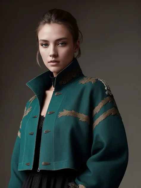 An award-winning closeup photo of a female model wearing a baggy teal distressed medieval cloth womenswear jacket by alexander mcqueen, 4 k, studio lighting, wide angle lens