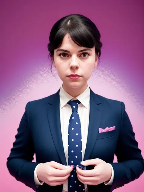 a painting of a person dressed in a suit and tie with polka dots on it's shirt and collar, with a pink background , photoshop contest winner, Sentient generative art installations in the style of Jenny Sabin, immersive, textile-driven, AI's architectural textiles., Filip Hodas, edward hopper and james gilleard, a matte painting, american scene painting , Interwoven Realities: Todd Solondz's influence adds depth to an ornate tableau, with Angela Deane's patterns merging seamlessly with Martine Johanna's highly detailed characters.