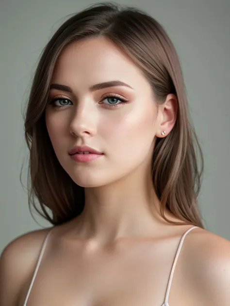 Professional photograph of a beautiful woman, medium shot, studio lighting, pastel colors, foreground, photorealism, shot on a Pentax 645Z, 85mm lens 1.4 aperture