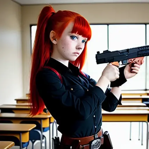 ((ultra-detailed)), indoors, classroom, 1girl, solo, cowboy shot, (red hair), hair over one eye, Glock17, shirt, skirt, bow ribbon, knee boots, looking at viewer, looking down,(trigger dicipline), gun, gun to head, holding gun, <lora:glock17:0.3>