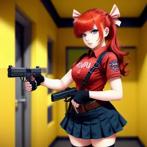 ((ultra-detailed)), ((illustration)), indoors, classroom, 1girl, solo, cowboy shot, (red hair), hair over one eye, Glock17, shirt, skirt, bow ribbon, knee boots, (disgust), looking at viewer, looking down,(trigger dicipline), gun, gun to head, holding gun, <lora:glock17:0.6>
