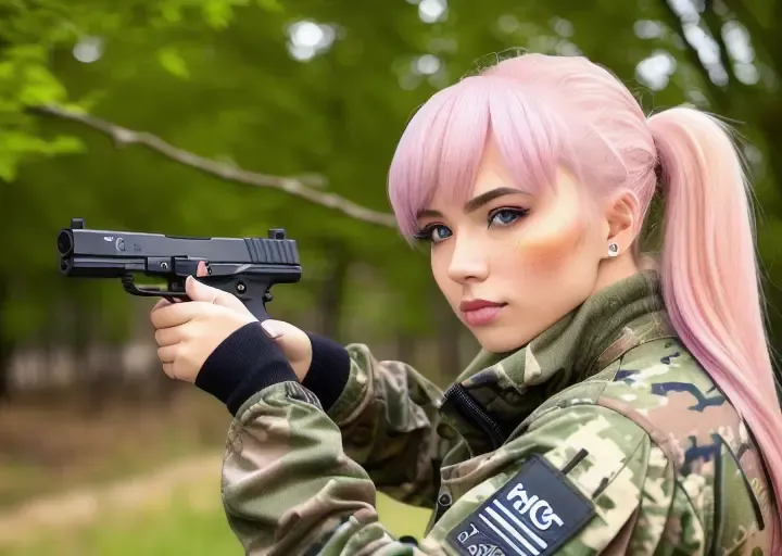 1girl, solo, weapon, gun, holding weapon, glock17,camouflage,((handgun)), outdoors, pink hair, holding, holding handgun, pony tail hair, bag, long hair, long sleeves, tree, blue eyes, scope, bangs, jacket, blush, upper body, grass, trigger discipline,masterpiece, sharp, 8k,(high detailed skin:1.2), <lora:glock17:0.3>