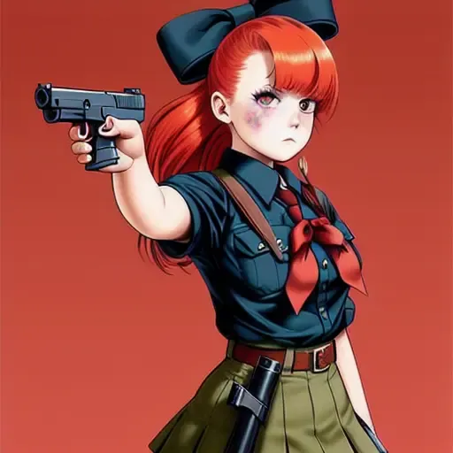 ((ultra-detailed)), ((illustration)), indoors, classroom, 1girl, solo, cowboy shot, (red hair), hair over one eye, Glock17, shirt, skirt, bow ribbon, knee boots, (disgust), looking at viewer, looking down,(trigger dicipline), gun, gun to head, holding gun, <lora:glock17:0.6>