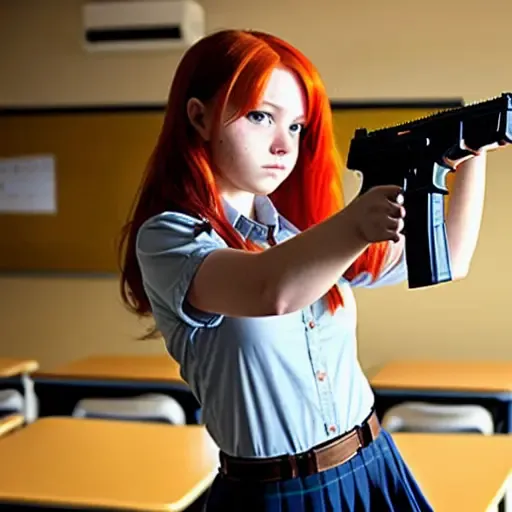 ((ultra-detailed)), indoors, classroom, 1girl, solo, cowboy shot, (red hair), hair over one eye, Glock17, shirt, skirt, looking at viewer, looking down,(trigger dicipline), gun, holding gun, <lora:glock17:0.2>