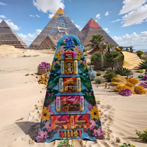 RAW photo,no humans,  a large colorful canedoffering_\(cardboard sign\) in desert ,with canned drinks arranged on it. the background is the Pyramid of Guf,   best quality, masterpiece, 8k uhd, dslr, soft lighting, high quality, film grain, Fujifilm XT3   <lora:100_Taiwan offering_1v_5_768_0001deep5e_off:1> absurdres,