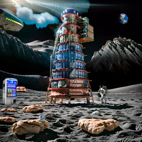 RAW photo, Beverage vending machine,on the (moon:1.1),best quality, masterpiece, 8k uhd