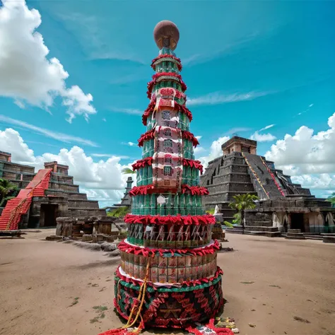 RAW photo,no humans, a large canedoffering_\(cylindrical\) in front of mayan pyramid, ,with canned drinks arranged on it. the background is the mayan pyramid, mayan civilization, best quality, masterpiece, 8k uhd, dslr, soft lighting, high quality, film grain, Fujifilm XT3 <lora:100_Taiwan offering_1v_5_768_0001deep5e_off:1> absurdres,Taiwan-caned-offering,