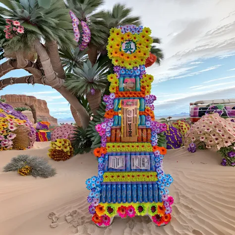 RAW photo,no humans, a large colorful canedoffering_\(flat floral decorated\) iIn the deserts of the American West,with canned drinks arranged on it. best quality, masterpiece, 8k uhd, dslr, soft lighting, high quality, film grain, Fujifilm XT3 <lora:100_Taiwan offering_1v_5_768_0001deep5e_off:1> absurdres,