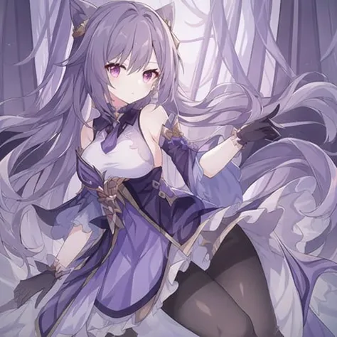 <lora:wkeqin:1>, 1girl, bare_shoulders, breasts, brown_legwear, detached_sleeves, dress, frills, full_body, gloves, hair_cones, hair_ornament, keqing_\(genshin_impact\), long_hair, looking_at_viewer, pantyhose, purple_dress, purple_eyes, purple_hair, solo, masterpiece, best quality