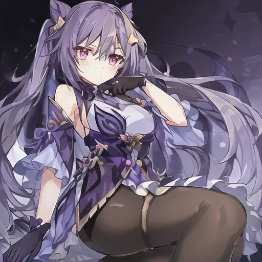 <lora:wkeqin:1>, 1girl, hair cones, gloves, solo, hair ornament, purple hair, long hair, dress, purple eyes, twintails, purple dress, diamond \(shape\)_pupils, breasts, pantyhose, detached sleeves, bare shoulders, masterpiece, best quality,, masterpiece, best quality