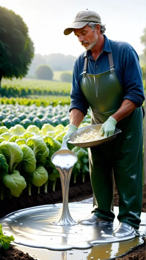 <lora:CheeseOnTopStyleXL:1> CheeseOnTopStyle, Silver cheese, a farmer harvesting fresh organic vegetables in his garden, melted liquid on top, (Masterpiece:1.3) (best quality:1.2) (high quality:1.1)