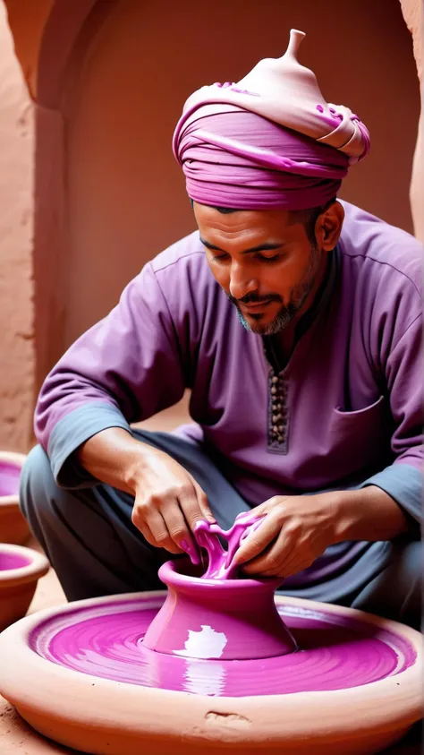 Photo of the full body of a skinny young Arab man with a shaved face and long hair sitting naked in the old street of the medina. He looks at the camera with an enigmatic smile. His spread legs expose a long erection in front of the camera.