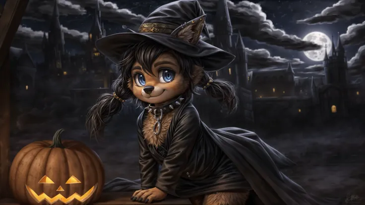 Masterpiece, best quality, realistic, textured fur, werewolf, canine, <lora:winnie_v1:0.75>, small winnie dressed as a witch, hat, young, wolf cub, 1girl, solo, black dress, piercings, earrings, pigtails, beautiful cute face, smile, brown fur, big black nose, big blue eyes, spiked collar, long shirt, hotel, castle courtyard, wide hips, halloween, clouds, full moon, bokeh background, looking at viewer,