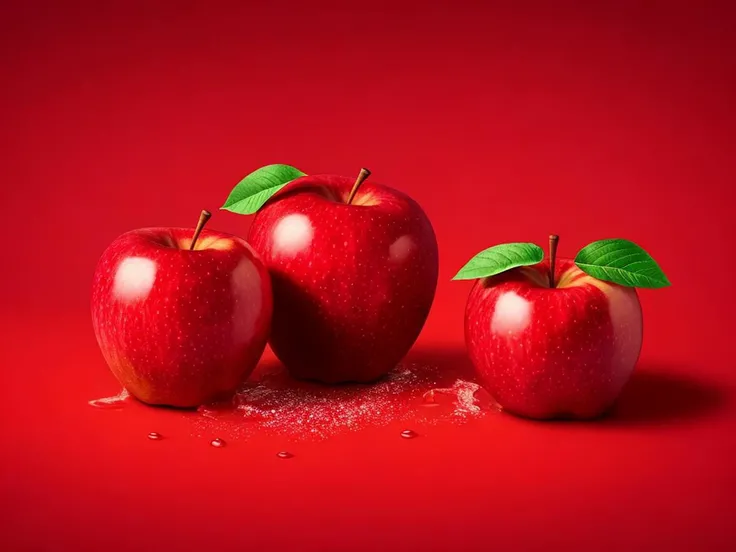 two red apples are splashing into the water, red apple, red background photorealistic, red apples, background of poison apples, gastronomy magazine, apple, on a red background, apple orange, science monthly photography, vibrant red background, 4 k hd wallpapear, colourful apples, an apple, award-winning magazine photo, scarlet background, red realistic 3 d render