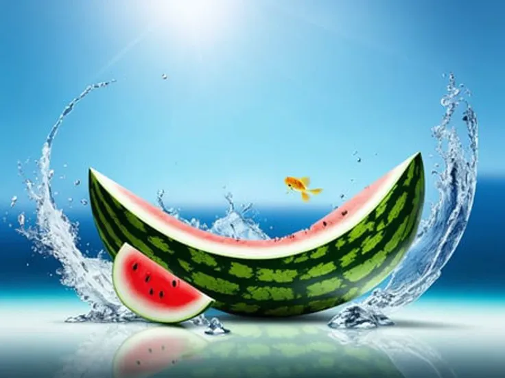 two ice jumping out of a half of an watermelon, amazing splashscreen artwork, watermelons floating in the water, floating ice, ice, photoshop water art, creative photo manipulation, koi fish floating in space, realistic water splashes, floating koi fish, realistic refraction, beautiful composition 3 - d 4 k, 3d animation, 3 d animation, hyper realistic digital art