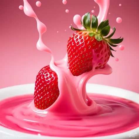 a strawberry is falling into a pink liquid, milk bath photography, strawberry, slow - mo high speed photography, flowing milk, realistic jelly splashes, super high speed photography, berries dripping juice, fight with strawberries, strawberry granules, inspired by Alberto Seveso, berries dripping, high speed photography, award winning macro photography, culinary art photography, splash image