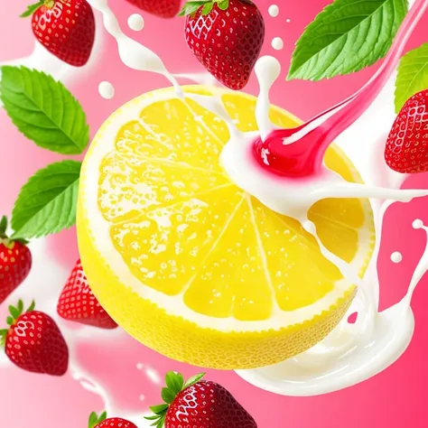 a lemon with a splash of milk on it, lemon, berries dripping, lemon ice cream, lemon granules, fight with strawberries, realistic jelly splashes, long lemon - blond hair, transparent goo, liquid interface, lemon embellishment, strawberries, goo, berries dripping juice, a full-color airbrushed, character is covered in liquid, berry juice drips