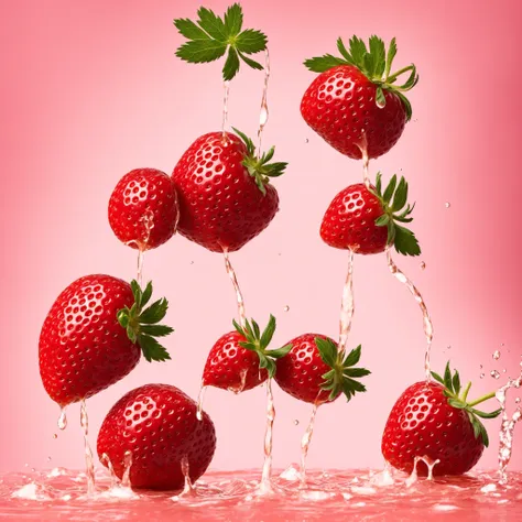 a strawberry is falling into a pink liquid, milk bath photography, strawberry, slow - mo high speed photography, flowing milk, realistic jelly splashes, super high speed photography, berries dripping juice, fight with strawberries, strawberry granules, inspired by Alberto Seveso, berries dripping, high speed photography, award winning macro photography, culinary art photography, splash image