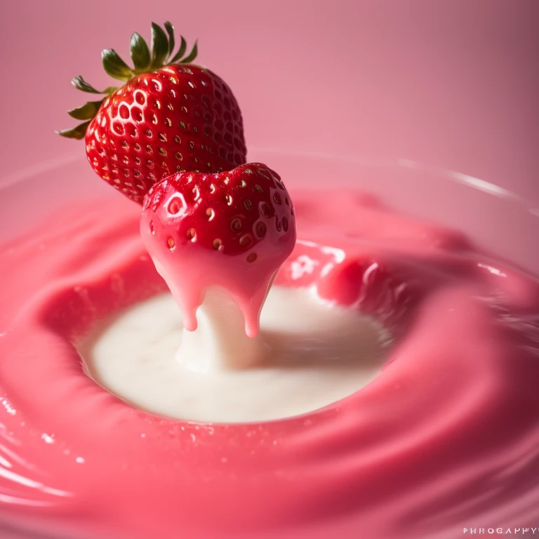 a strawberry is falling into a pink liquid, milk bath photography, strawberry, slow - mo high speed photography, flowing milk, realistic jelly splashes, super high speed photography, berries dripping juice, fight with strawberries, strawberry granules, inspired by Alberto Seveso, berries dripping, high speed photography, award winning macro photography, culinary art photography, splash image