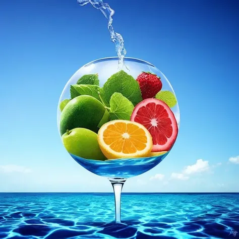 a piece of fruit that is in the water, surreal water art, photoshop water art, surrealistic digital artwork, creative photo manipulation, water art photoshop, tropical ocean, filled with water, amazing water art, beautiful photorealistic imagery, 3d advanced digital art, photorealistic 3d artwork, 3 d artwork, realistic ocean, photorealistic 3d art, water art manipulation