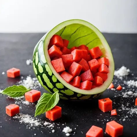 a slice of watermelon falling into the air, slow - mo high speed photography, spectacular splatter explosion, watermeloncore, tomato splatter, gestation inside a watermelon, amazing food photography, super high speed photography, detailed conceptual photography, styled food photography, realistic colorful photography, by Storm Thorgerson, high speed photography, culinary art photography