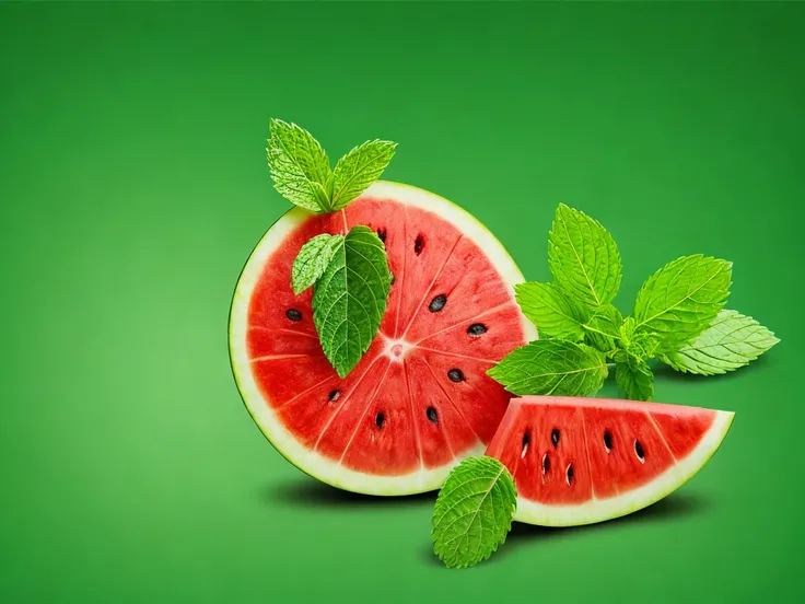 a slice of watermelon and mint leaves on a green background, petrol, watermelon, green tonalities, behance lemanoosh, a green, bio - chemical, bio-chemical, watermelon and violet, green square, trance music, green hue, wall, by Jean-Pierre Norblin de La Gourdaine, tehnicolor, green magic, rum