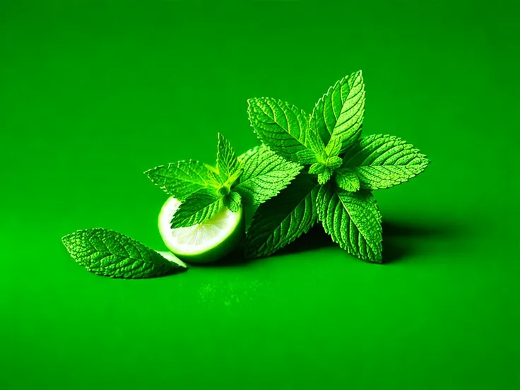 a slice of cherry and mint leaves on a green background, petrol, cherry, green tonalities, behance lemanoosh, a green, bio - chemical, bio-chemical, cherry and violet, green square, trance music, green hue, wall, by Jean-Pierre Norblin de La Gourdaine, tehnicolor, green magic, rum