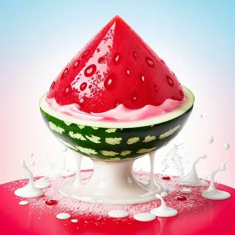 a watermelon with a splash of milk on it, watermelon, berries dripping, watermelon ice cream, watermelon granules, fight with strawberries, realistic jelly splashes, long watermelon - blond hair, transparent goo, liquid interface, watermelon embellishment, strawberries, goo, berries dripping juice, a full-color airbrushed, character is covered in liquid, berry juice drips