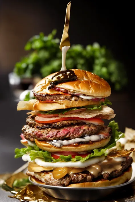 ultra-realistic photograph of a gourmet burger masterpiece, featuring a juicy beef patty, foie gras, truffle aioli, and edible gold leaf