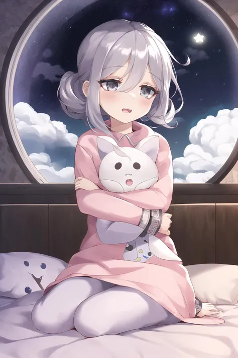 Original Characters, Natural Volumetric Lighting And Best Shadows, Deep Depth Of Field, Sharp Focus, Portrait Of Stunningly Beautiful Petite Girl, Soft Delicate Beautiful Attractive Face With Alluring Dark Grey Eyes, Lovely Small Breasts, Sharp Eyeliner, (Yawning And Out Half Closed Eyes:1.05), Open Mouth With Cute Fangs, Windswept Disheveled Silver Hair, Thick Layered Medium Hairstyles, Blush Eyeshadow With Thick Eyelashes, Parted Lips, Cute Kigurumi Pajamas, (Huging Long Pillow:1.1), (Sitting On Moon/Stars/Clouds Patterned Lovely Duvet Bed:1.2), (Loft Bedroom Under Circular Window:1.15), (Highest Quality, Amazing Details:1.4), Masterpiece, Bloom, Picturesque, Brilliant Colorful Paintings , <lora:Vertin_locon:1>