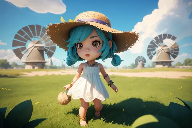 professional 3d render picture of cute girl straw hat short white dress glowing magical bracelet in field near windmill cloudy sky birds title text advertisement game logo "WINDYTALE" <lora:ST Game Icon Institutemmo2:0.5> game icon institute/\(jiemian/) <lora:BOD body size_control_v1.0:1.3> kawaii chibi, masterpiece, best quality, high quality, highres, ultra-detailed, complimentary colors, intricate details, subsurface scattering