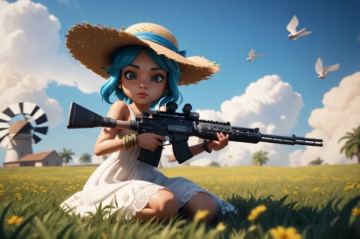 3d render unreal engine picture of cute girl straw hat short white dress bracelet (holding machine gun:1.1) in field near windmill cloudy sky birds title text advertisement game logo "WINDYTALE" <lora:ST Game Icon Institutemmo2:0.5> game icon institute/\(jiemian/) <lora:BOD body size_control_v1.0:1.2> kawaii, masterpiece, best quality, high quality, highres, ultra-detailed, complimentary colors, intricate details, subsurface scattering