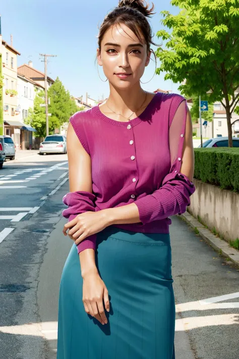masterpiece,best quality,photorealistic,8K,RAW photo,ultra highres,extremely detailed eyes and face,extremely detailed,absurdres,Professional,1girl,slender,skinny,small breasts,skirt,shirt,looking at viewer,outdoors,city,sunshine,takizawakaren,<lora:takizawakaren:0.9>,fashion,smile,ribbed sweater,