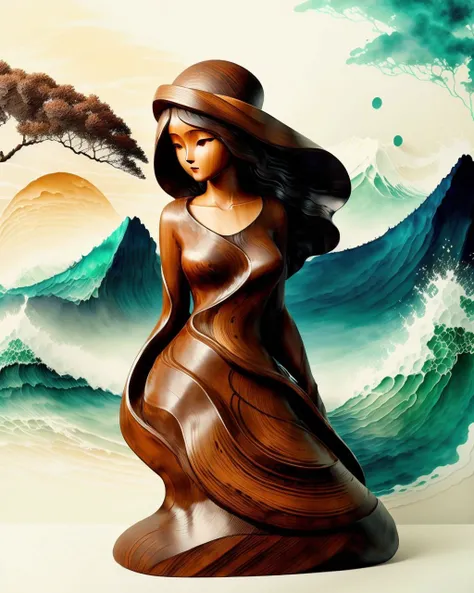 w00d, beautiful woman, dress, covered, waves, ink, scenery <lyco:woodenLycoV1:1> <lora:ink-0.1-3-b28-bf16-D128-A1-1-ep64-768-DAdaptation-cosine:1>
